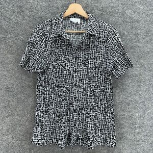 Clichy Shirt Women L Large Black Geometric Button Up Collared Short Sleeve